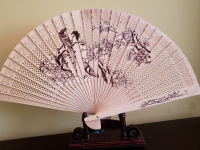 9 inches Sand Wood Hand Carved Hand Painting Birds Fan US Seller Fast Shipping