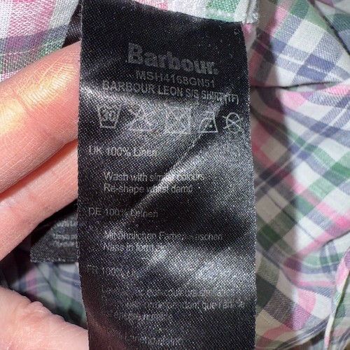 Barbour Leinen Leon S/S Hemd Herren Small Tailored Fit rosa grün kariert Knopf - Bild 7 von 7
