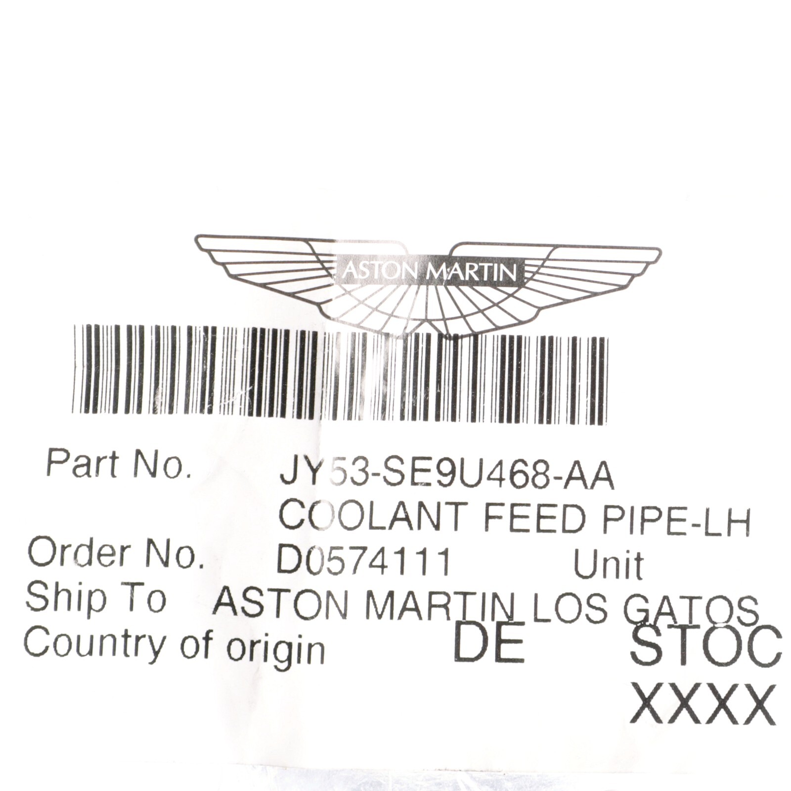 GENUINE ASTON MARTIN COOLANT FEED PIPE LEFT HAND OEM NEW JY53-SE9U468-AA