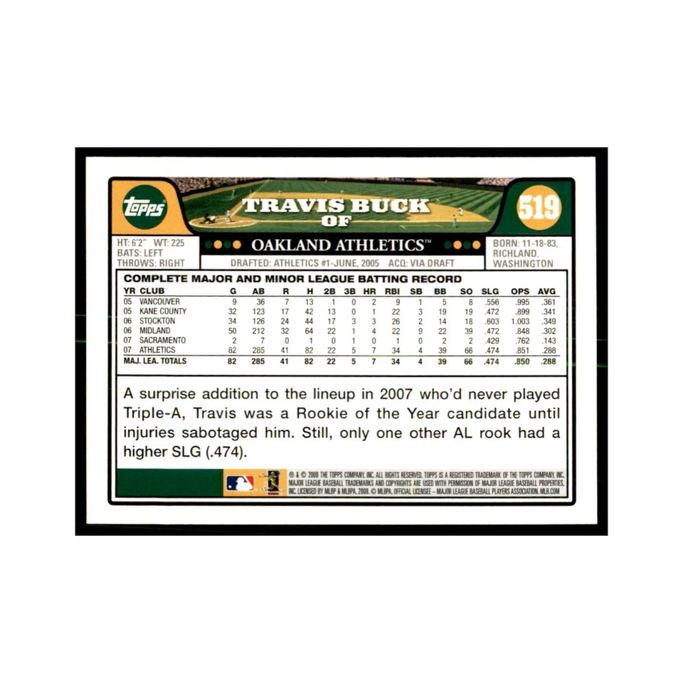 Travis Buck 2008 Topps #519 Baseball Cards Baseball Card NM - Image 2 of 3