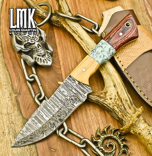 LMK Hot Item Skinner Knife Fire Damascus Hard Wood Wooden Bolster Hunting
