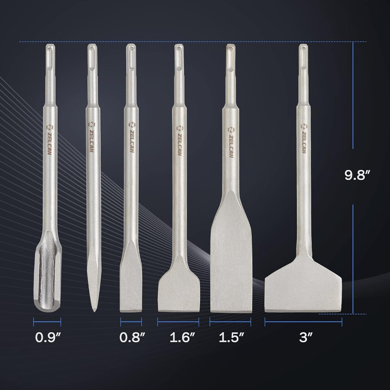 ZELCAN Chisel Set with SDS Plus Shanks, 6pc Masonry Concrete Drill Bit Sliver