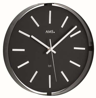 AMS 5586 Wanduhr Funk Funkwanduhr analog modern schwarz Metallgehäuse lackiert