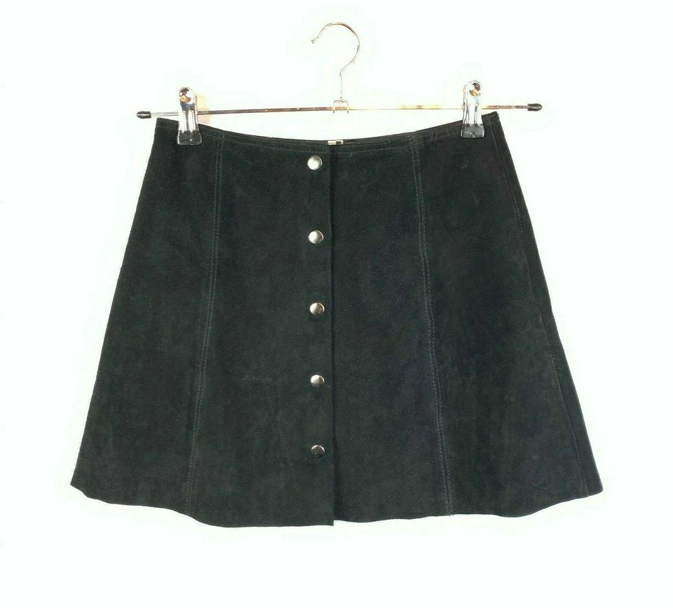 Topshop Damas 6 8 XS Gamuza Mini Falda Cuero Real Popper Botón Frontal Línea A Foto 2 de 4