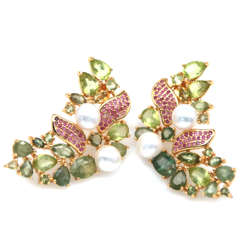 925 Sterlingsilber 6 Mm. Weiße Perle, Peridot & Saphir Ohrringe - Bild 2 von 4