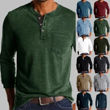 Mens Casual Long Sleeve T-shirt Henley Grandad V Neck Button Solid Tee Shirt Top