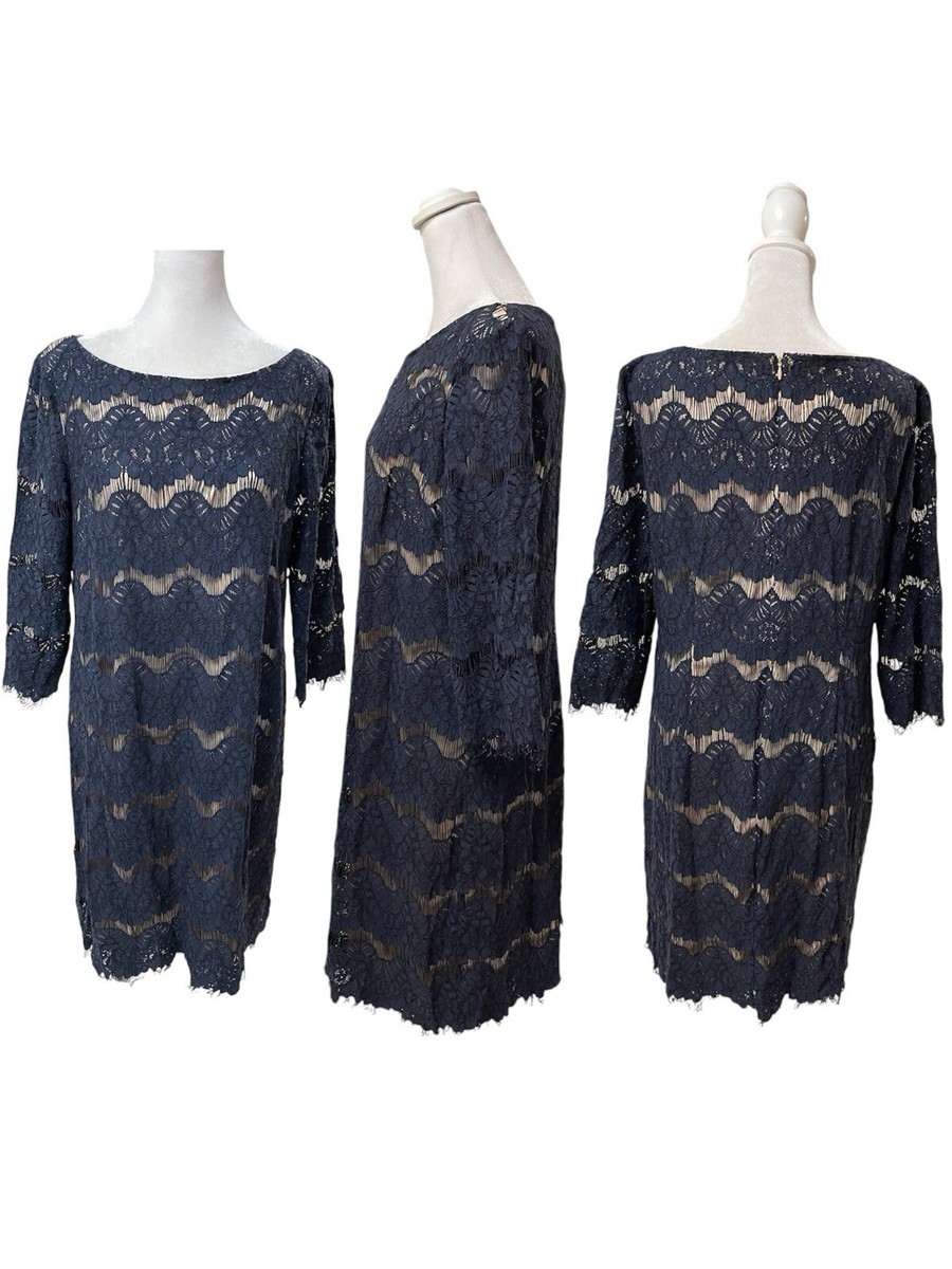 Eliza J Navy Blue Lace Overlay 3/4 Sleeve Knee Length Cocktail Dress Size  14 | eBay