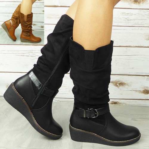 Ladies Mid Calf Boots Wedge Heel Shoes 