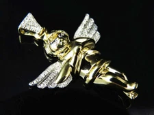 14K Yellow Gold Finish Diamond Mini Wingspan Angel Pendant Charm 1.25" 0.25 CT