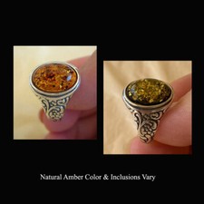BALTIC GREEN or HONEY AMBER STERLING SILVER HANDMADE SOLITAIRE RING