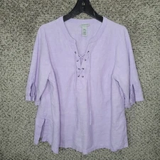 Catherines Top Womens Petite Plus 0XWP Purple Lace Up Linen Blend Casual Ladies