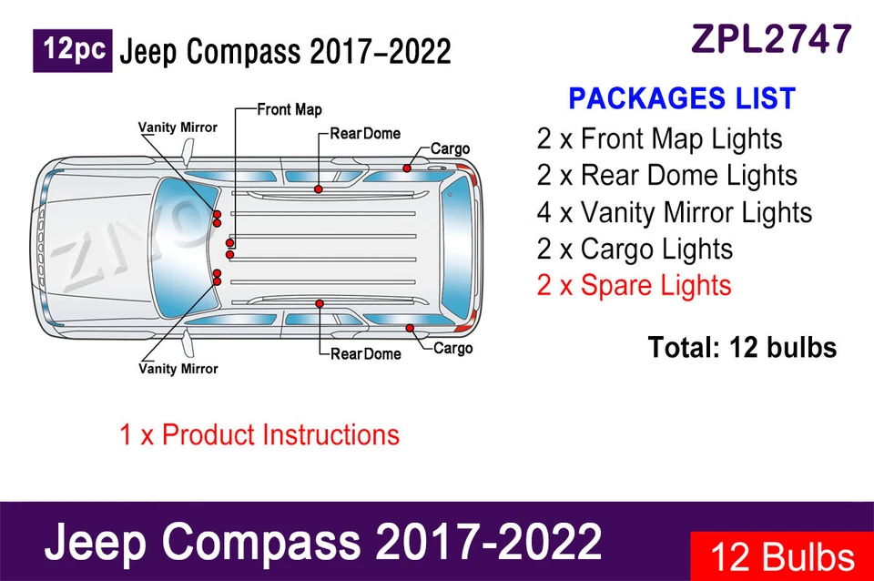 Kit de 12 bombillas blancas LED interiores actualización para Jeep Compass 2017-2022 Foto 2 de 4