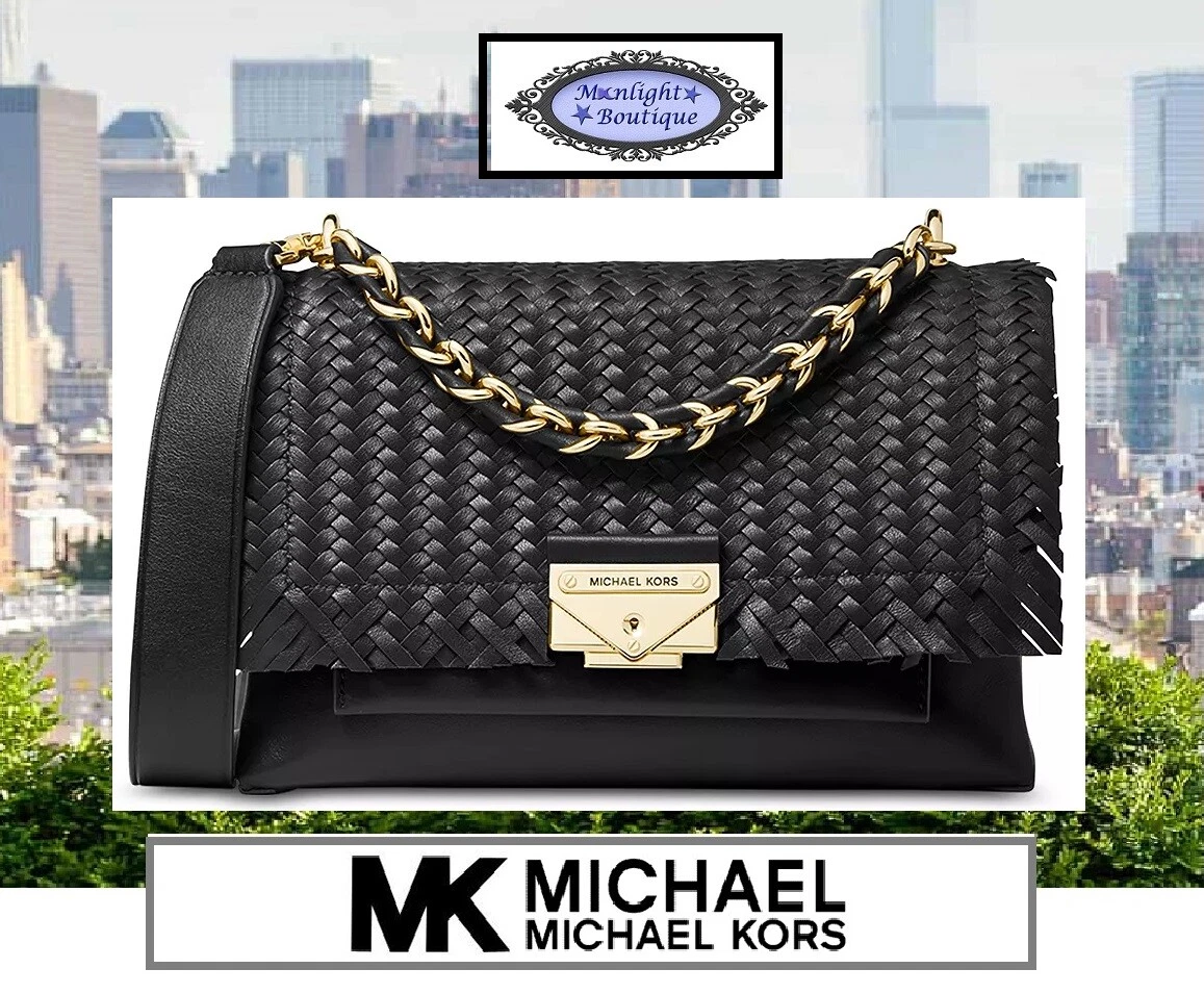 NWT MICHAEL KORS CECE Chain Shoulder X-Body Bag In BLACK Woven Leather GOLD  Tone