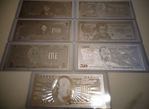 LOT OF 7 -SILVER BILLS $1-2-5-10-20-50-100 DOLLAR SET & EACH IN HARD BILL HOLDER