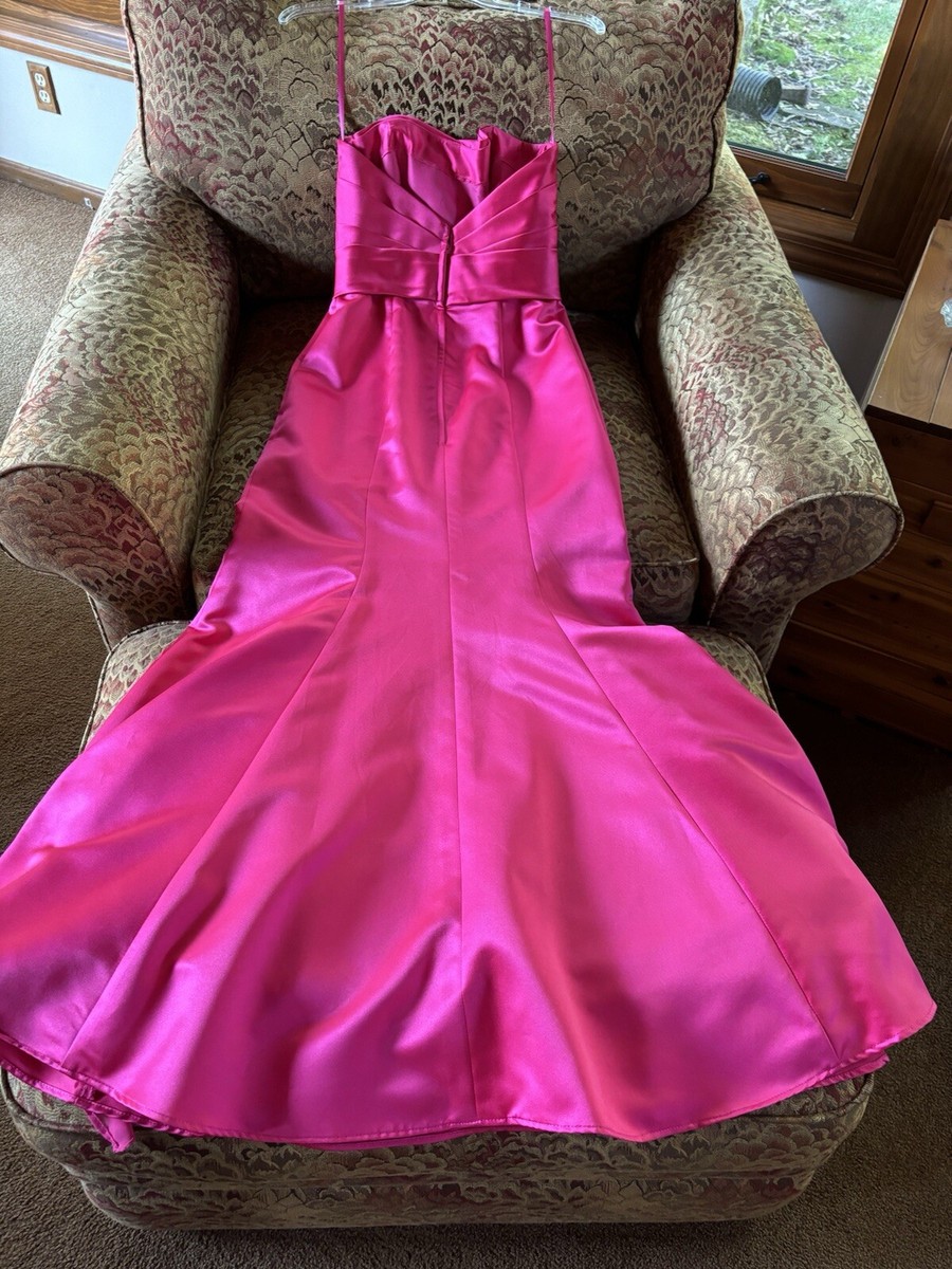 Hot pink satin strapless long gown maxi chiffon bow/ruffle sz