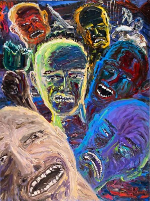 PRISON RIOT Arthur Robins Original OIL Painting Jail Convicts Felons Prisoners