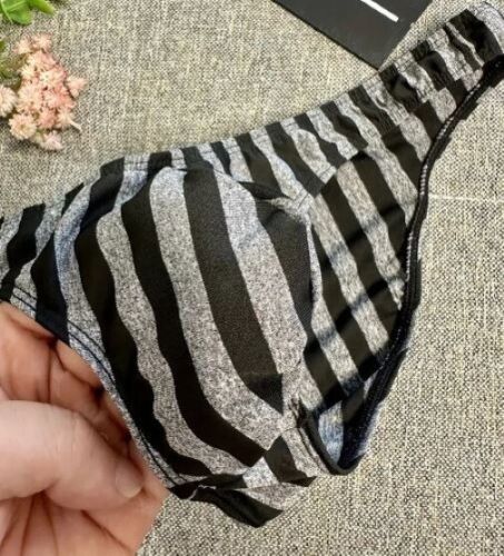 New Men's Sexy Gray & Black Stripe Bikini Brief w/Enhancing Contoured Pouch-Gay - Picture 4 of 5