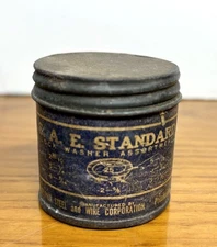 Vtg Tin S.A.E. Standard Container Of Washers Cardboard 2” Ad Hardware Graphics