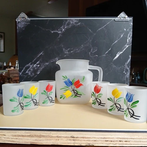 Vintage Federal Frosted Hand Painted Tulips Juice Pitcher with Six Glasses-Star