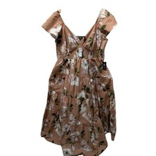 NWT Express XL Floral Tan Poplin Tiered Maxi Dress V-Neck Flutter Sleeve