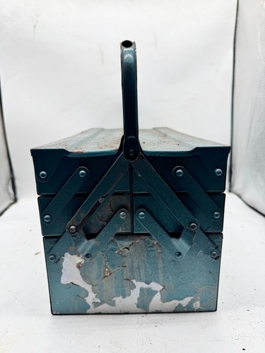 VINTAGE BLUE METAL CANTILEVER TOOLBOX WITH BLACK HANDLE INDUSTRIAL STYLE - Picture 13 of 19