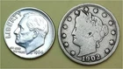 Lot of 2 Coins - 1 90% Silver Roosevelt Dime (1964D) & 1 Better Lib V 5c (1902P)