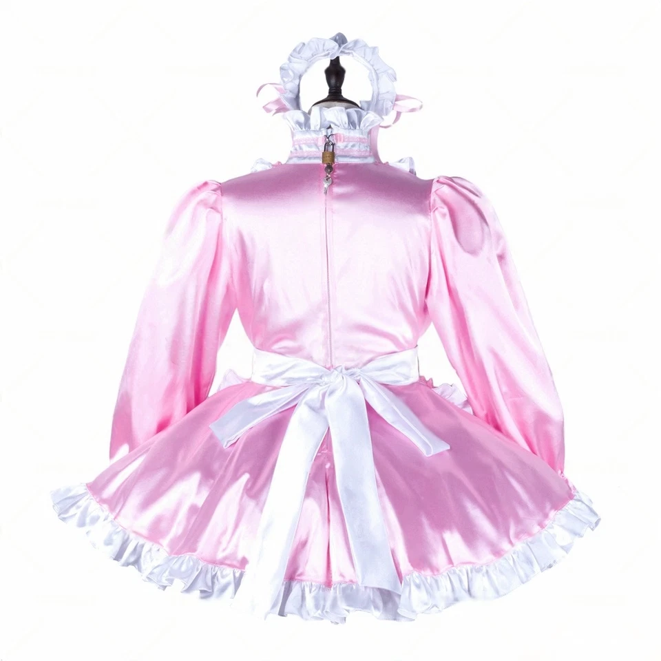 Vestido de criada francesa Sissy bloqueable rosa satinado disfraces de cosplay hecho a medida Foto 3 de 4
