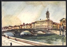 Cartolina artistica Aldo Raimondi: Pisa, Ponte di Mezzo e Lung' Arno Galilei 