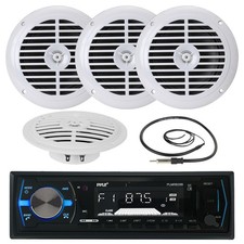 Marine 5.25" 100W Pyle Speakers, PLMRB29B Black USB AUX Radio, Marine Antenna