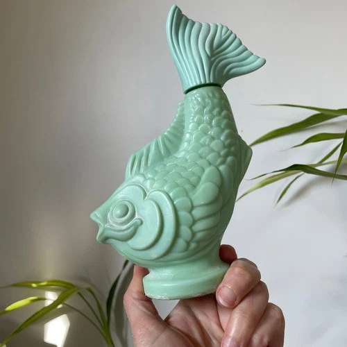 Vintage Avon Green Milk Glass Koi Fish Bubblebath Decanter Jadeite Topaze Bottle