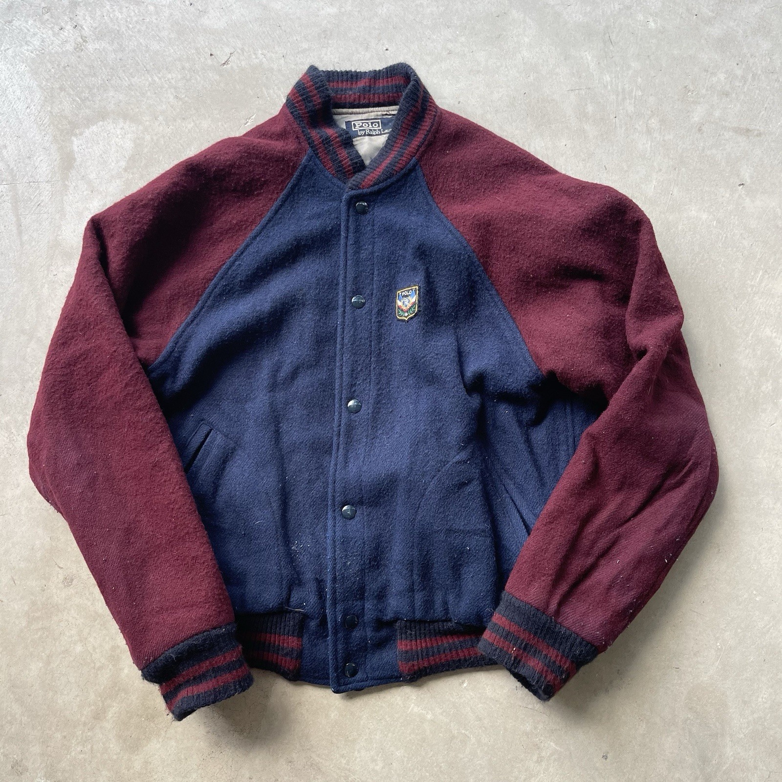 Vintage 80s Polo Ralph Lauren navy and burgundy wool varsity jacket size Small
