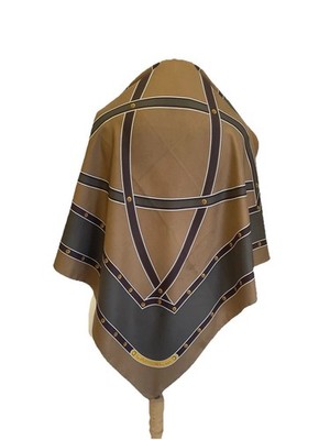 Y7# Lancel Paris Silk Scarf Brown & Gold Geometric Harness Print Square Vintage
