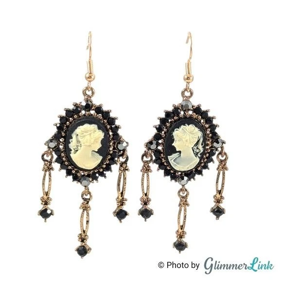Vintage Style Black Cameo Gothic Chandelier Dangle Earrings Victorian Revival - Image 3 of 4