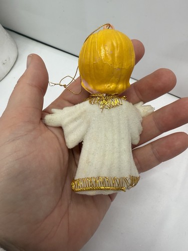 3 Vintage MCM Christmas Angel Plastic Hands Face Flocked Pink White Gold Set - Picture 5 of 15