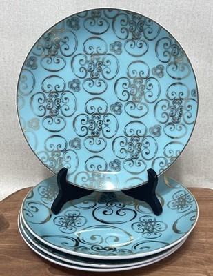 Set 4 Rosanna Appetizer Dessert Plates Arabesque Turquoise Gold Pattern 8 Inch
