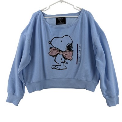 Peanuts Sweatshirt Womens XL Blue Snoopy Bow Rhinestone Fleece Pullover NWT