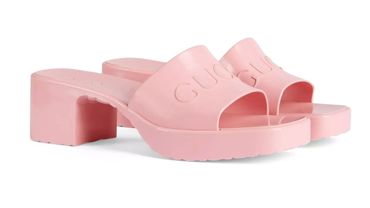 GUCCI インターロッキング GTストラップ ヒール サンダル 37 ピンク NEW GUCCI Logo Block Heel 37 Platform Slide 7 Sandals Pink Rubber