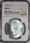 NGC MS-64 1901-O Morgan Silver Dollar,  Cartwheeling, Blast-White specimen.