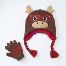 Kids Winter Moose Hat Trapper Mittens Set Brown size S/M
