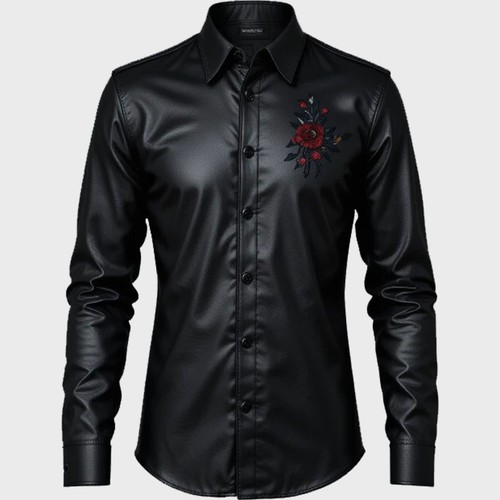 Herren Schwarz Leder Hemd Rosen Stickerei Stylisch Blumen Knopfleiste Biker Rock - Bild 1 von 3