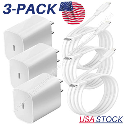 3 Pack 20W USB-C Power Adapter For iPhone 12 13 14 XR PD Fast Charger Cable Lot