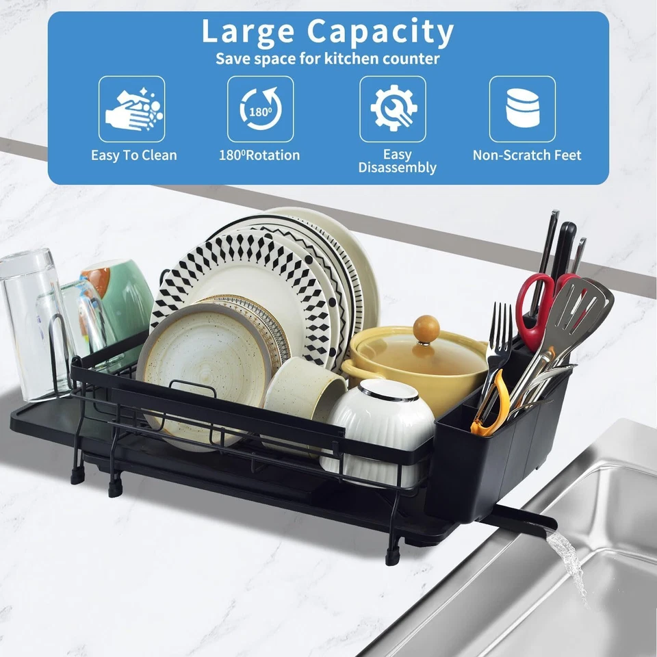 Estante de secado de platos expandible con caño de drenaje giratorio, taza y soporte para cubiertos... Foto 3 de 3