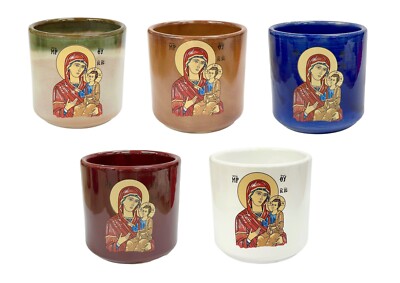 3 3/8'' Greek Orthodox Ceramic Candle Cup Vigil Oil Lamp Glazed Virgin Mary Icon