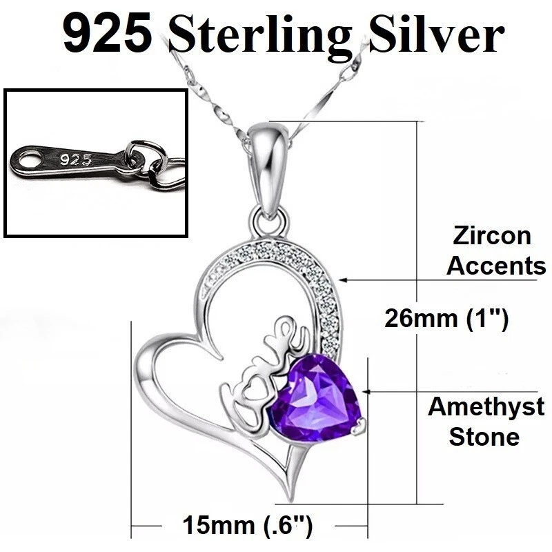 情人节 925 纯银 18 英寸 - 20 英寸女式紫水晶吊坠项链 D350 — 第 3/4 张图片