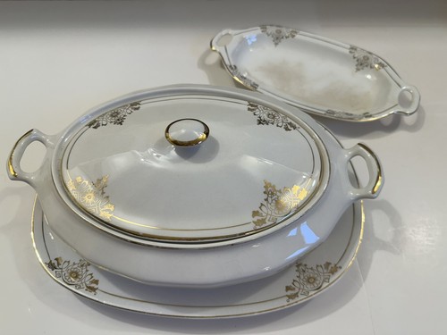 LOT 3 Rare 1920s EDWIN M KNOWLES CHINA Casserole Platter Tray Art Deco Gold Band - Picture 7 of 9