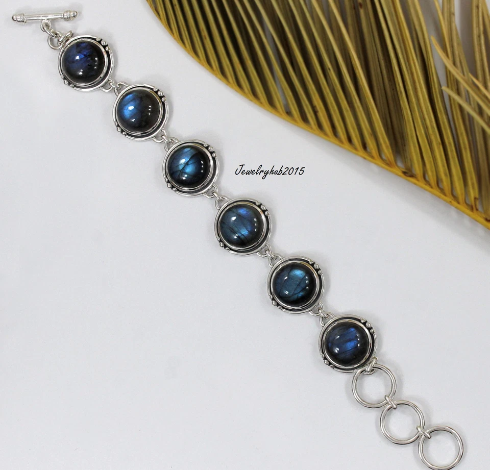 Precioso brazalete hecho a mano de plata de ley 925 con piedras preciosas de labradorita Sr227 Foto 2 de 4