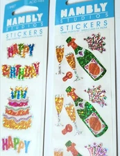 HAMBLY STUDIOS PRISMATIC SEALED 2 STICKER SHEET HAPPY BIRTHDAY PARTY CAKE BOTTLE