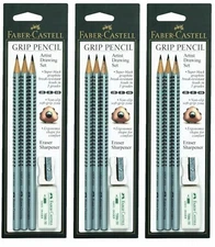 3 Packs, Faber Castell GRIP Pencil Drawing Set Pencils, Eraser & Sharpener