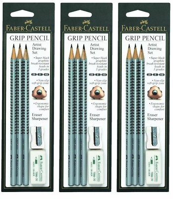 3 Packs, Faber Castell GRIP Pencil Drawing Set Pencils, Eraser & Sharpener