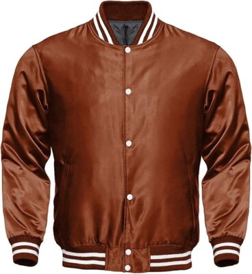 Original American Varsity Letterman College Baseball Bomber Brown Satin Jacket